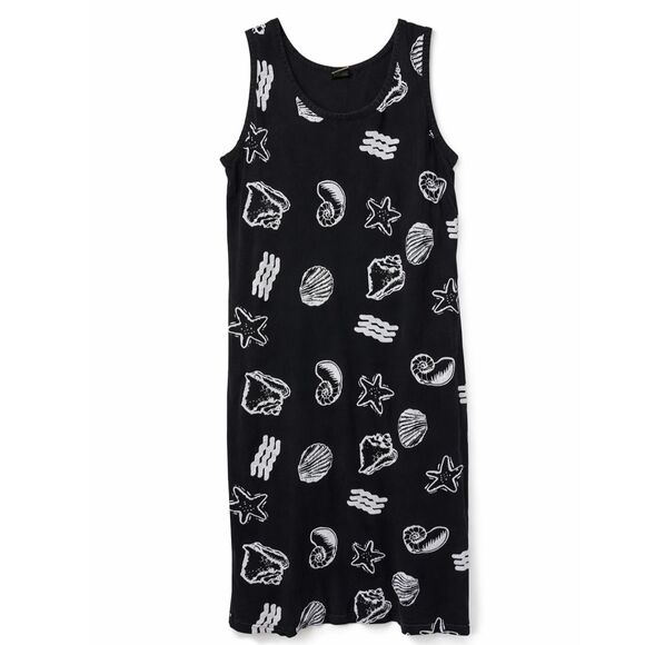 Ingear Dresses & Skirts - INGEAR Seashell Print Dress L Black White Sleeveless Coastal Beachy Goth Resort